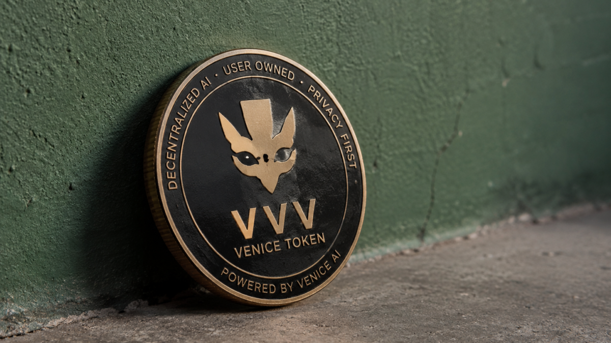 Venice Token VVV coin featuring decentralised AI and privacy branding.