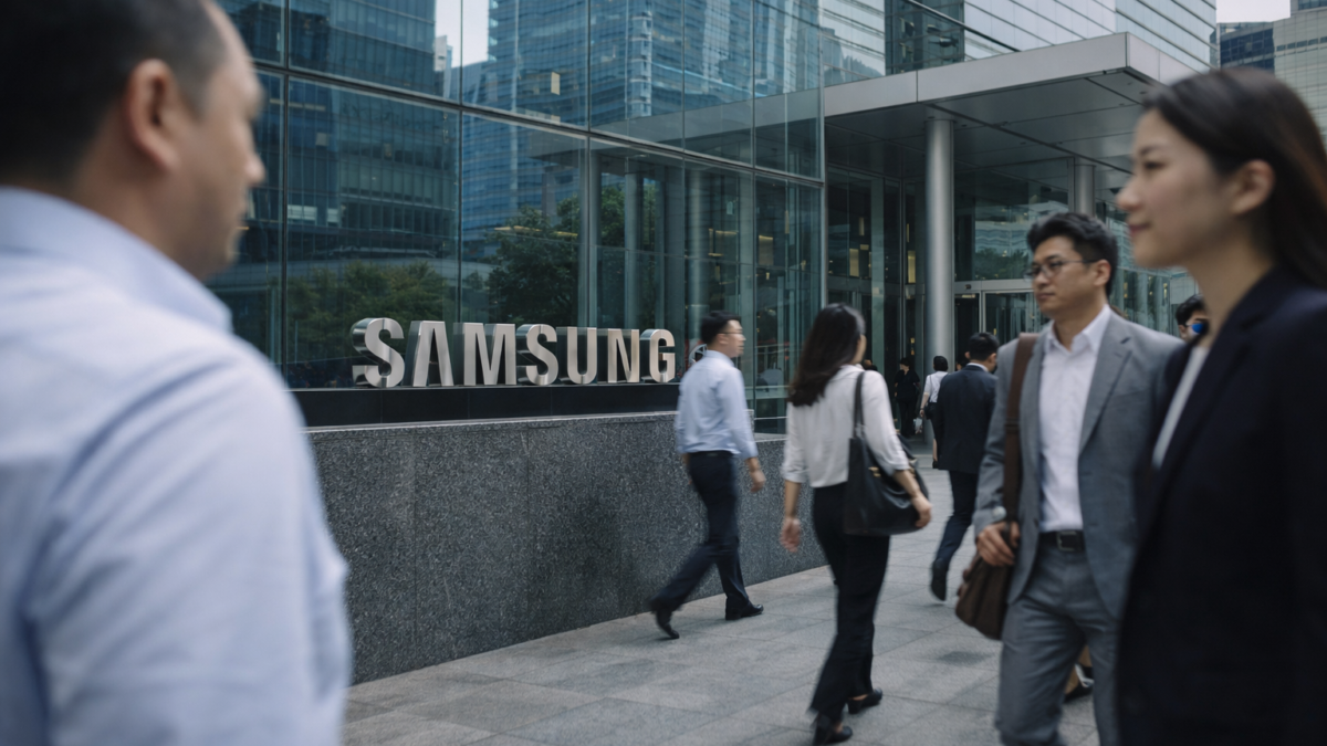 Samsung employees walk outside a modern corporate office building.